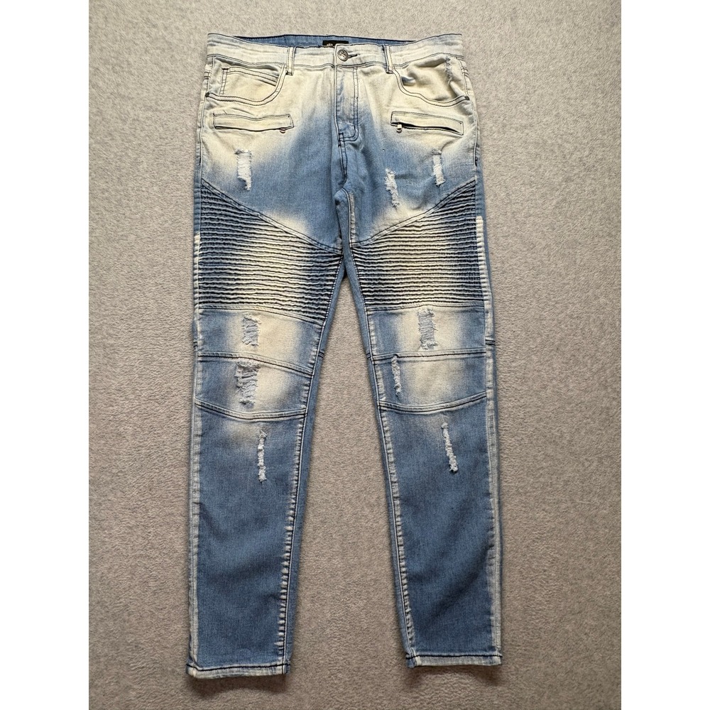 Waimea Mens Skinny Fit Moto Biker Distressed Light Wash Blue Jeans 34x32
